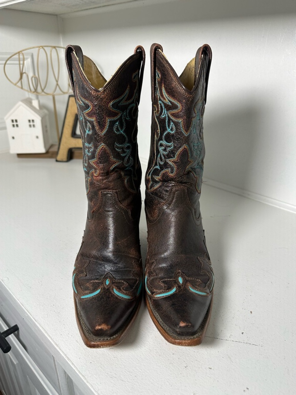 Corral Boots Womens 7M Brown Turquoise Inlay Western Cowboy Boots Embroidered - Picture 2 of 9